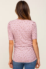 Mauve Floral Side Ruched Short Sleeve Top