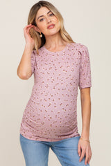 Mauve Floral Side Ruched Maternity Short Sleeve Top