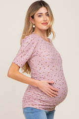 Mauve Floral Side Ruched Maternity Short Sleeve Top