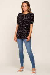 Black Floral Side Ruched Short Sleeve Top