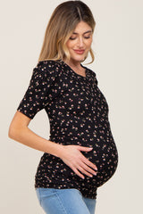 Black Floral Side Ruched Maternity Short Sleeve Top