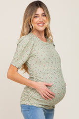 Light Olive Floral Side Ruched Maternity Short Sleeve Top