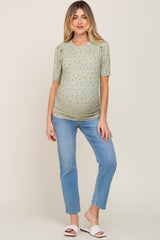 Light Olive Floral Side Ruched Maternity Short Sleeve Top