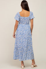 Blue Floral Sweetheart Drawstring Neck Short Sleeve Maternity Midi Dress