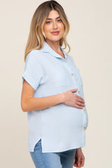 Light Blue Collared Button-Down Short Sleeve Maternity Blouse