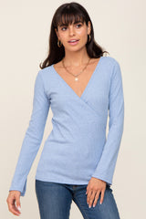 Blue Ribbed Long Sleeve Wrap Nursing Top