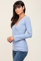 Blue Ribbed Long Sleeve Wrap Nursing Top