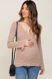 Taupe Ribbed Long Sleeve Wrap Maternity Nursing Top