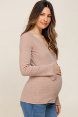 Taupe Ribbed Long Sleeve Wrap Maternity Nursing Top