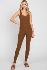 Brown Ribbed Bodycon Maternity Jumpsuit