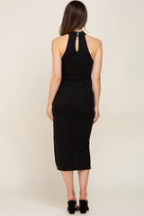 Black Ribbed Mock Neck Sleeveless Side Slit Maternity Midi Dress