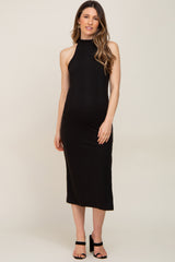 Black Ribbed Mock Neck Sleeveless Side Slit Maternity Midi Dress