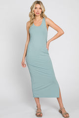 Mint Ribbed Sleeveless Ruched Side Slit Maternity Midi Dress