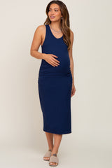 Navy Ribbed Sleeveless Ruched Side Slit Maternity Midi Dress