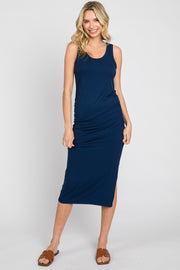 Navy Ribbed Sleeveless Ruched Side Slit Midi Dress