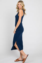 Navy Ribbed Sleeveless Ruched Side Slit Midi Dress