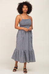 Black Gingham Smocked Midi Dress