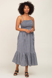 Black Gingham Smocked Midi Dress