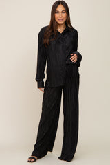 Black Pleated Plisse Button Up Two-Piece Maternity Set