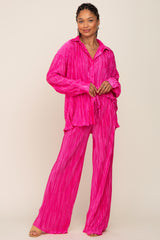 Fuchsia Pleated Plisse Button Up Two-Piece Set