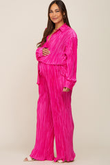 Fuchsia Pleated Plisse Button Up Two-Piece Maternity Set