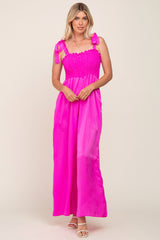 Fuchsia Satin Smocked Square Neck Shoulder Tie Maternity Jumpsuit