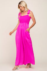 Fuchsia Satin Smocked Square Neck Shoulder Tie Jumpsuit