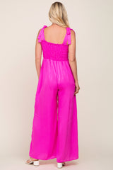 Fuchsia Satin Smocked Square Neck Shoulder Tie Jumpsuit