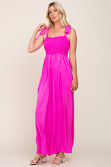 Fuchsia Satin Smocked Square Neck Shoulder Tie Jumpsuit