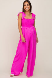 Fuchsia Satin Smocked Square Neck Shoulder Tie Maternity Jumpsuit