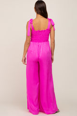 Fuchsia Satin Smocked Square Neck Shoulder Tie Maternity Jumpsuit