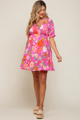 Fuchsia Floral Smocked Puff Sleeve Maternity Dress