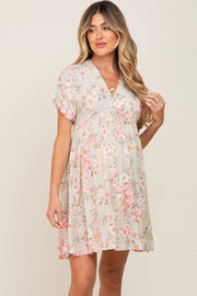 Light Olive Floral V-Neck Short Sleeve Maternity Dress