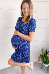 Navy Floral Smocked Short Sleeve Maternity Dress