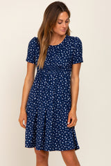 Navy Floral Smocked Short Sleeve Maternity Dress