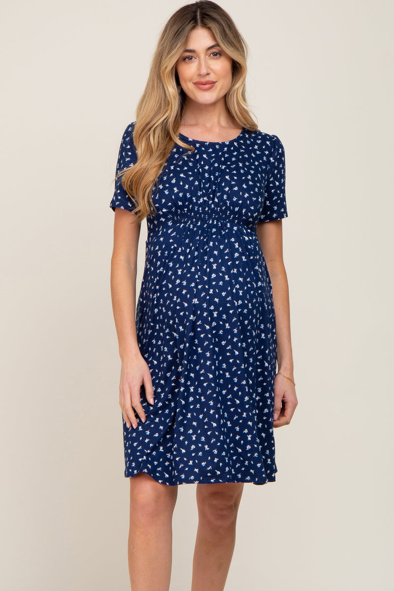 Navy Floral Smocked Short Sleeve Maternity Dress – PinkBlush