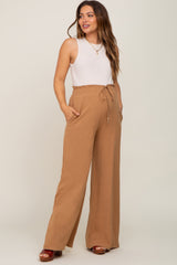 Camel Smocked Waist Wide Leg Linen Maternity Pants