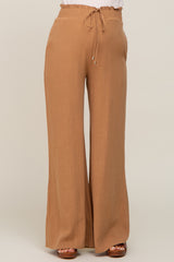 Camel Smocked Waist Wide Leg Linen Maternity Pants