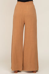 Camel Smocked Waist Wide Leg Linen Pants