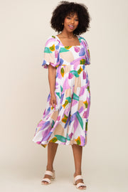 Ivory Watercolor Print Puff Sleeve Midi Dress