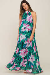 Green Multi-Color Halter Maternity Maxi Dress