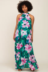 Green Multi-Color Halter Maternity Maxi Dress