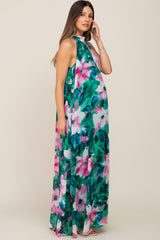 Green Multi-Color Halter Maternity Maxi Dress