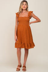 Camel Textured Sleeveless Smocked Maternity Dress