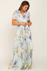 Mint Green Floral Chiffon Wrap Front Short Sleeve Maternity Maxi Dress