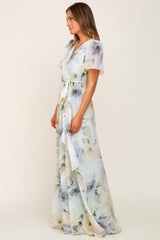 Mint Green Floral Chiffon Wrap Front Short Sleeve Maxi Dress