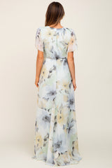 Mint Green Floral Chiffon Wrap Front Short Sleeve Maxi Dress