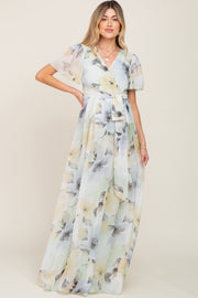 Mint Green Floral Chiffon Wrap Front Short Sleeve Maternity Maxi Dress