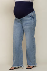 Light Blue Fringe Hem Maternity Plus Wide Leg Jeans