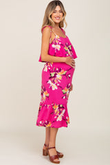 Fuchsia Floral Flounce Shoulder Tie Maternity Midi Dress